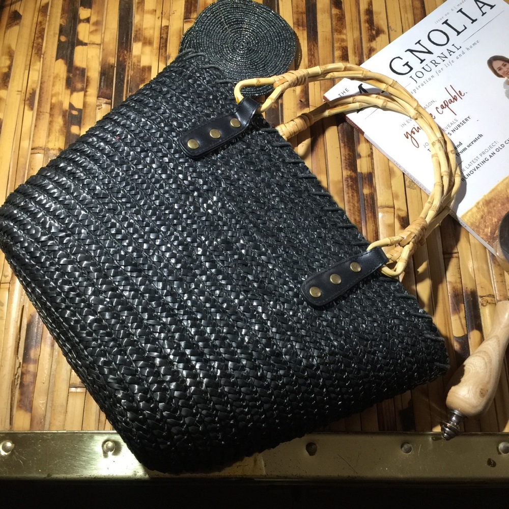 Black Straw Handbag Bamboo Handle